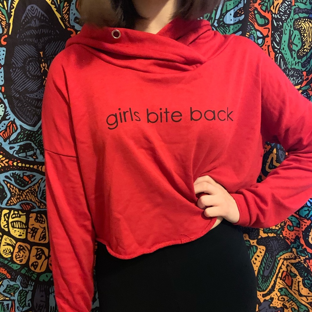 Red “girls bite back” cropped sweatshirt